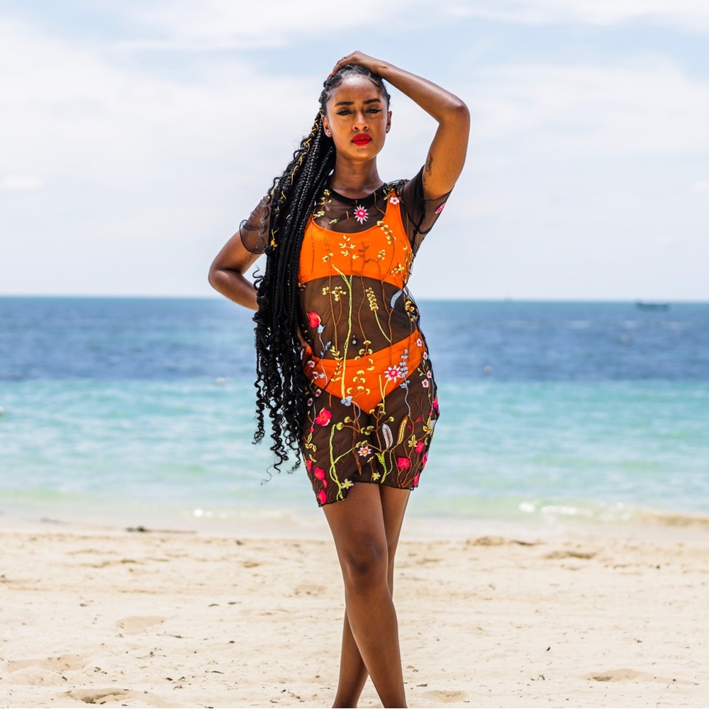Black Mesh Swim coverup with embroidered floral design
